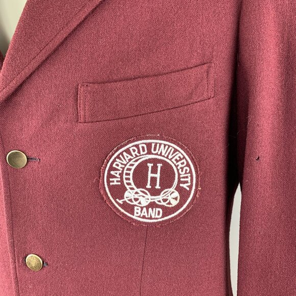 Vintage 80s Harvard Mens Wool Band Blazer Embroidered Logo Flawed w/ Moth Holes - Picture 4 of 16